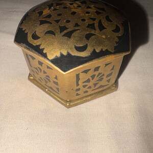 Vintage Hexagon Etched Brass and Black Lacquer Trinket Box